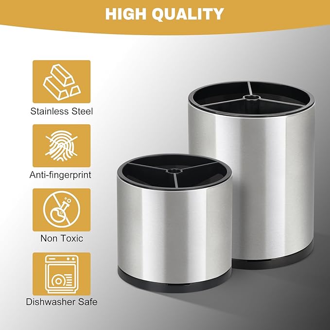 2Pack Kitchen Utensil Holder Set - 360° Rotating Stainless Steel Large Cooking Utensil Stand for Counter, 3 Compartment Flatware Caddy with Removable Base for Knife, Fork & Spoon Organizer - Sliver - Image 4