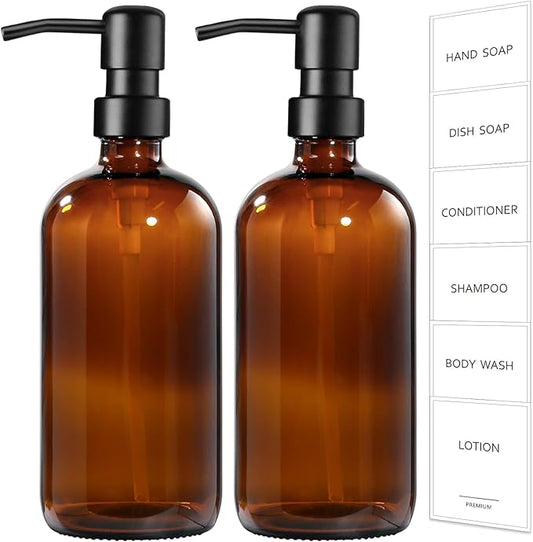 GMISUN Amber Glass Soap Dispenser, 2 Pack Bathroom Hand Soap Dispensers with Stainless Steel Pump, 17 Fl Oz Kitchen Hand and Dish Soap Dispenser Set, Modern Vintage Liquid Brown Soap Dispensers Bottle by GMISUN