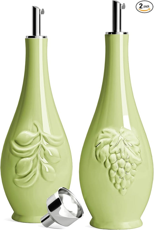 HOMBENE Porcelain Oil and Vinegar Dispenser, 16oz Oil Dispenser for Kitchen, Leakproof Oil Containers for Cooking Set for 2, 500ml (Mint Glow Green)
