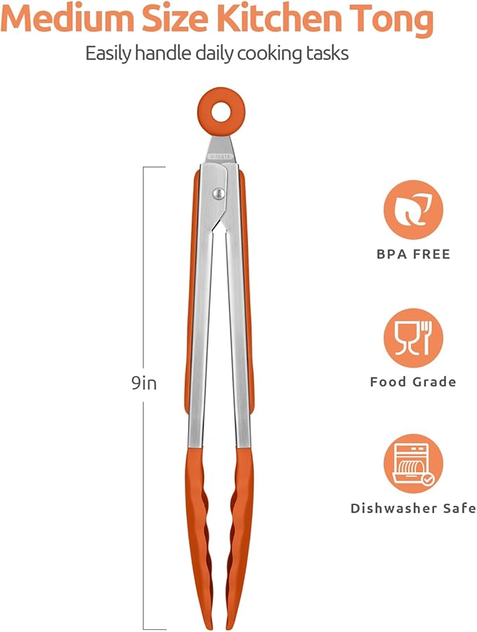 600ºF Heat Resistant Kitchen Tongs: U-Taste 9 inch Silicone Cooking Tong with Firm Sealed Non Stick Rubber Tips & Silicon Coated 18/8 Stainless Steel Handle & Smooth Locking for Serving Grill (Orange) - Image 2