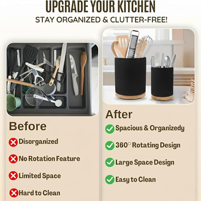 2 Pack Ceramic Utensil Holder, 7.3"+5.4" Large kitchen utensils holder for Countertop, 360° Rotating Cooking Utensil Crock for Kitchen Counter with Detachable Wooden Base, Kitchen Decor- Black - Image 5