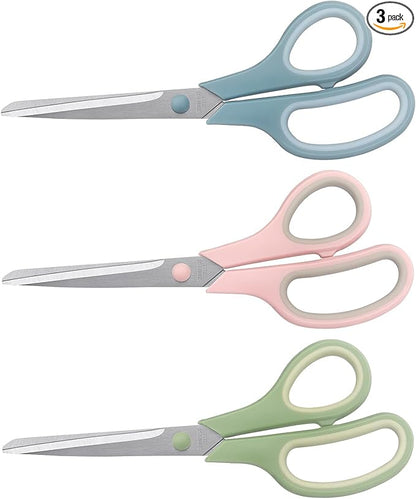 LONGKEY 8.5 Inch Scissors, All-Purpose, Soft Comfort-Grip, Ambidextrous, Pastel Green, Pink, Blue, 3 Count