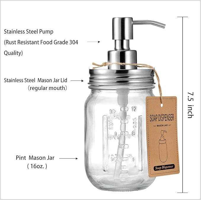 Amolliar Mason Jar Soap Dispensers, Rustproof Stainless Steel Lid &Pump, Refillable Wash Hand Soap for Bathroom,Kitchen-Ideal for Dish Soap,Liquid Soap, Lotions,Waterproof Stickers,16OZ Brushed Nickel - Image 5