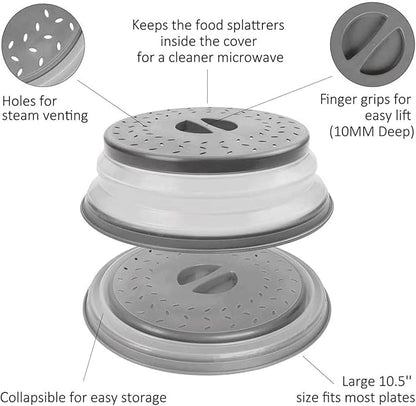 Microwave Cover For Food, Microwave Splatter Cover, Collapsible Microwave Splash Guard Lid and Food Strainer, Bpa Free, 10.5 Inch, Grey