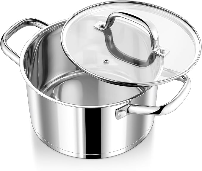 P&P CHEF 4 Quarts Cooking Stock Pot with Lid, Stainless Steel Stockpot Induction Pot for Soup, Tri-Ply Bottom & Clear Glass Lid & Double Handle, Dishwasher Safe by PPCHEF