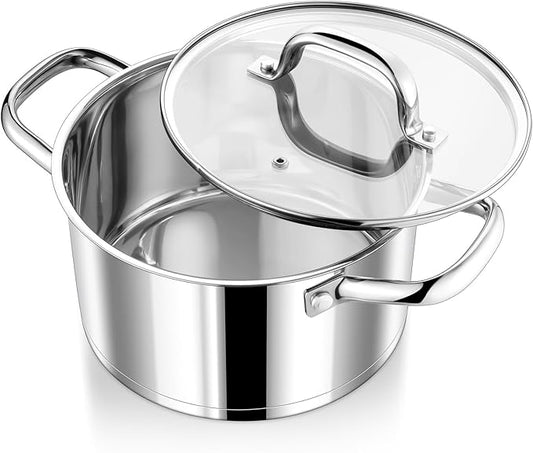 P&P CHEF 4 Quarts Cooking Stock Pot with Lid, Stainless Steel Stockpot Induction Pot for Soup, Tri-Ply Bottom & Clear Glass Lid & Double Handle, Dishwasher Safe by PPCHEF