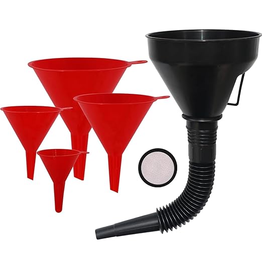 Plastic Oil Funnels for Automotive Use Set of 5, Large Flexible Fuel Funnel with Long Hose for Gas Transfer, Gasoline Funnels for Cars Boat Canning and Bottle by KongNai
