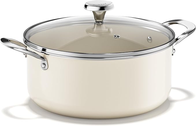 Redchef Ceramic Stock Pot with Lid, Soup Pot for All Stoves, 5 Qt Induction Cooking Pot for Soup Nonstick, Even Heating, Stay-Cool Handles, Oven/Dishwasher Safe, PTFE PFAS Free (Beige) by Redchef