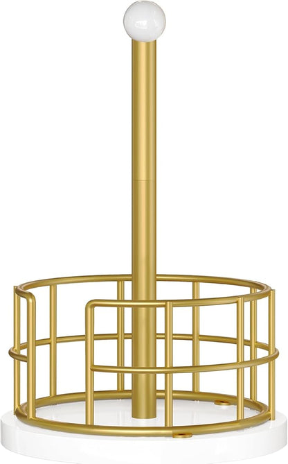 YATINEY Paper Towel Holder, Kitchen Paper Towel Holder for Countertop, Gold Paper Towel Stand with Wooden Base, Freestanding Kitchen Roll Holder, for Standard Size Rolls, Gold CJ05DW