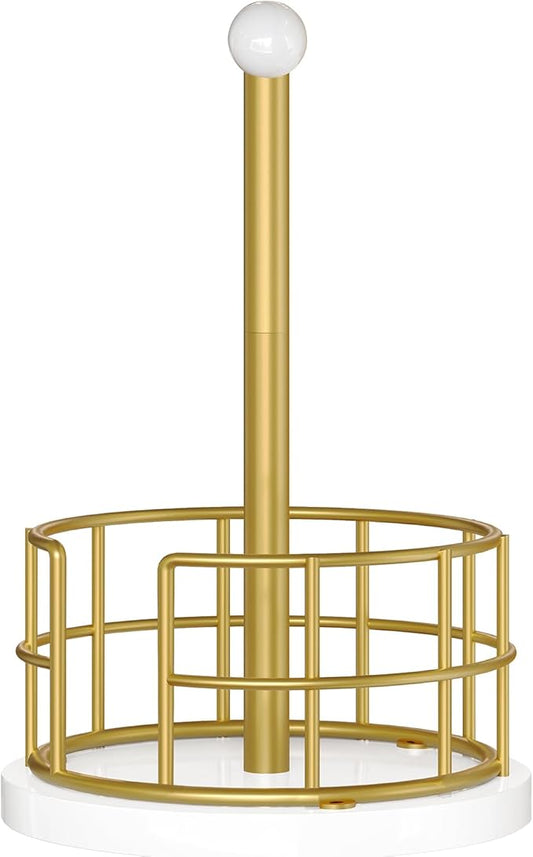 YATINEY Paper Towel Holder, Kitchen Paper Towel Holder for Countertop, Gold Paper Towel Stand with Wooden Base, Freestanding Kitchen Roll Holder, for Standard Size Rolls, Gold CJ05DW