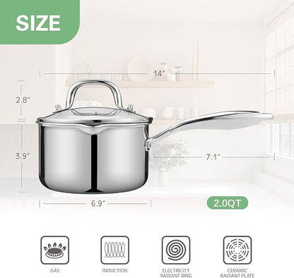 Tri-Ply Stainless Steel Sauce Pan with Steamer Basket & Strainer Glass Lid–Multi- Function Pot 2 QT- Modern Sleek Design–Safe,Chemical-Free & Stylish Cookware–Upgrade Your Kitchen with Healthy Cooking
