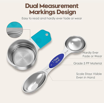 Magnetic Measuring Cups and Spoons Set - 304 Stainless Steel | Dual-sided Design | Set of 15 with Leveler | Strong N52 Magnetic Nesting Design | for Dry & Liquid Ingredients (Colorful) - Image 2