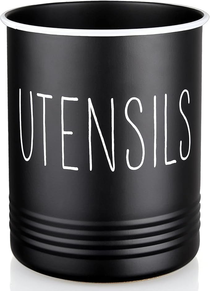 Kitchen Utensil Holder, 6.7" Utensil Holder for Kitchen Counter, Cooking Utensil Crock with Cork Bottom, Modern Farmhouse Decor, Countertop Utensil Storage Organizer Caddy, Black by Bivvclaz