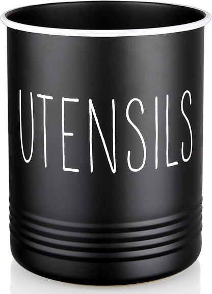 Kitchen Utensil Holder, 6.7" Utensil Holder for Kitchen Counter, Cooking Utensil Crock with Cork Bottom, Modern Farmhouse Decor, Countertop Utensil Storage Organizer Caddy, Black by Bivvclaz
