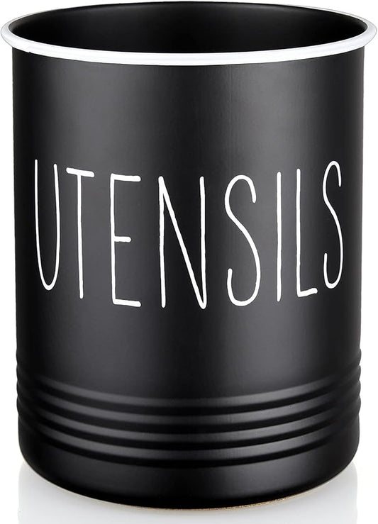Kitchen Utensil Holder, 6.7" Utensil Holder for Kitchen Counter, Cooking Utensil Crock with Cork Bottom, Modern Farmhouse Decor, Countertop Utensil Storage Organizer Caddy, Black by Bivvclaz