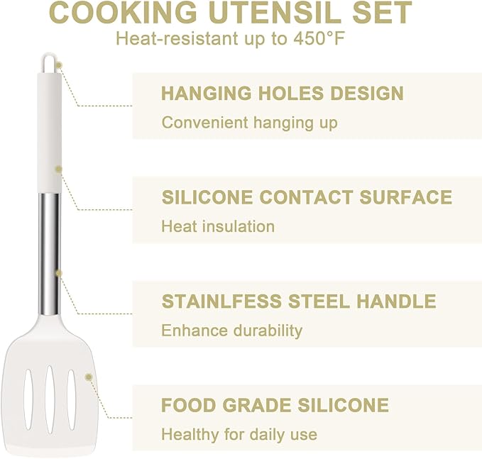 E-far Silicone Cooking Utensils Set, 7 Pcs Heat Resistant Kitchen Utensils with Stainless Steel Handle, Slotted Turner, Spoon, Soup Ladle, Pasta Server, Skimmer, Tongs for Nonstick Cookware, White - Image 5