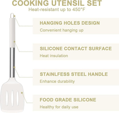 E-far Silicone Cooking Utensils Set, 7 Pcs Heat Resistant Kitchen Utensils with Stainless Steel Handle, Slotted Turner, Spoon, Soup Ladle, Pasta Server, Skimmer, Tongs for Nonstick Cookware, White - Image 5