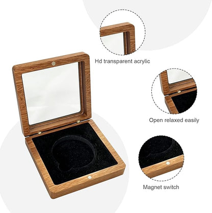 Silver Dollar Coin Holder – Single Coin Display Case Wooden Storage Box for 1.8” Coins, Clear Lid Showcase for Collectors, Medal & Commemorative Coin Display