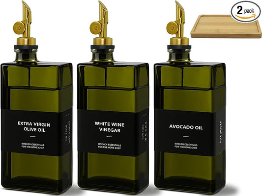 Olive Oil Dispenser Bottle for Kitchen with Bamboo Tray- Glass Oil and Vinegar Dispenser Set 16.9oz, Soy Sauce & Syrup Bottle, Modern Hostess Gift (Green, 16.9oz, Set of 3) by Gelury