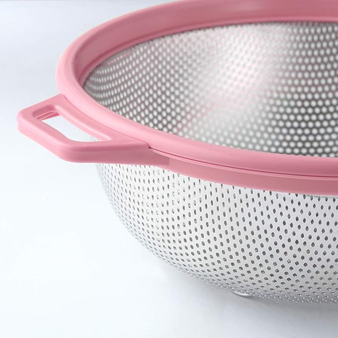 HiramWare Stainless Steel Colander With Handle and Legs, Large Metal Pink Strainer for Pasta, Spaghetti, Berry, Veggies, Fruits, Noodles, Salads, 5-quart 10.5” Kitchen Mesh Colander, Dishwasher Safe - Image 6