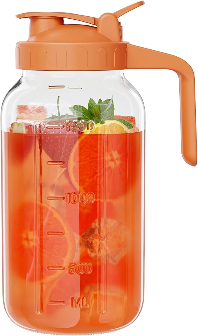 Glass Mason Jar Pitcher, 64 oz Wide Mouth Jug with Pour Spout Handle Lid for Cold Brew Coffee, Ice Beverage, Iced Juice, Lemonade, Sun Tea, Fruit Drinks Container(Orange) by Junvpic