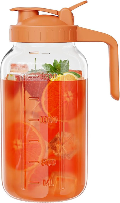 Glass Mason Jar Pitcher, 64 oz Wide Mouth Jug with Pour Spout Handle Lid for Cold Brew Coffee, Ice Beverage, Iced Juice, Lemonade, Sun Tea, Fruit Drinks Container(Orange) by Junvpic