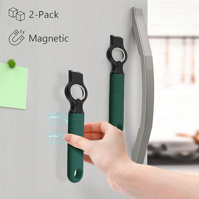2-Pack Magnetic Beer Bottle Opener & Soda Can Opener, 2-in-1 Bottle Opener and Can Tab Opener Tool for Bartender, Long Nails, Arthritis, Silicone Handle with Build in Magnet - Deep Green - Image 2
