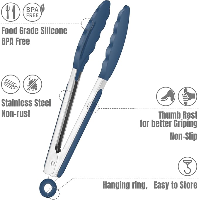 Hotec Mini Silicone Kitchen Tongs for Cooking - 7-Inch Small Serving Tongs with Silicone Tips, Set of 3 (Blue) - Image 4