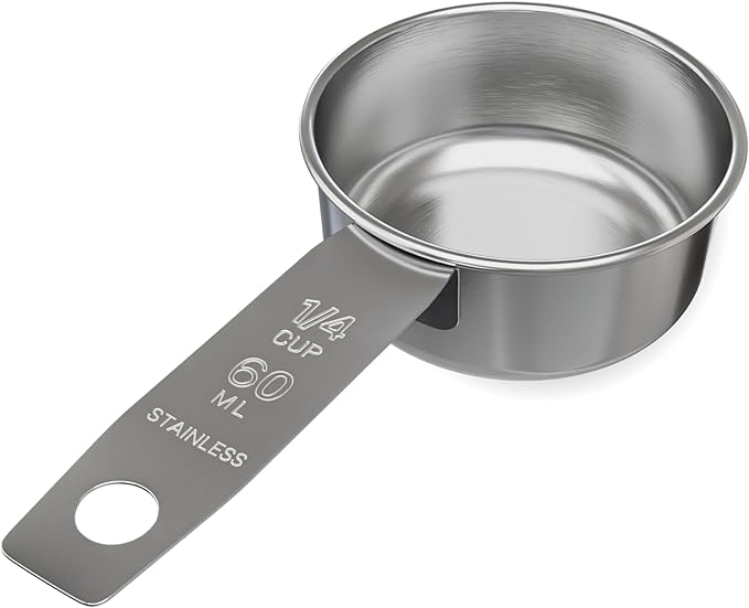 1/4 Cup Stainless Steel Measuring Cup | Sturdy Metal 60 ml | 60 cc | 2 oz | Single Cup for Wet and Dry Ingredients | Great for use as 1/4 Cup Dog Food Scoop - 1 PK by Knupp+Co.