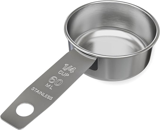 1/4 Cup Stainless Steel Measuring Cup | Sturdy Metal 60 ml | 60 cc | 2 oz | Single Cup for Wet and Dry Ingredients | Great for use as 1/4 Cup Dog Food Scoop - 1 PK by Knupp+Co.