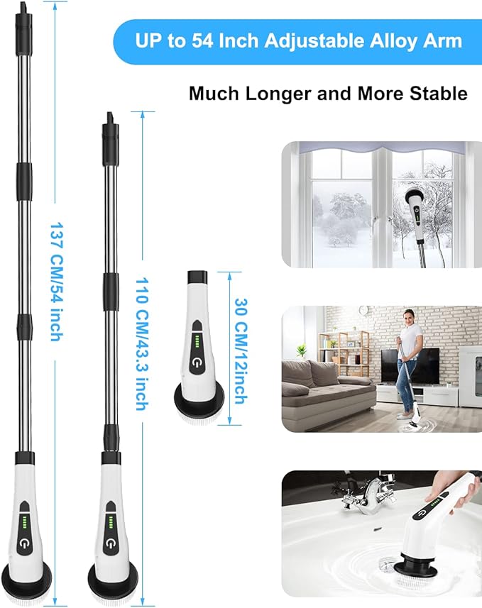 Leebein Electric Spin Scrubber, Cordless Cleaning Brush with 8 Replaceable Brush Heads, Tub and Floor Tile 360 Power Scrubber Dual Speed with Adjustable & Detachable Handle for Bathroom Kitchen Car - Image 3