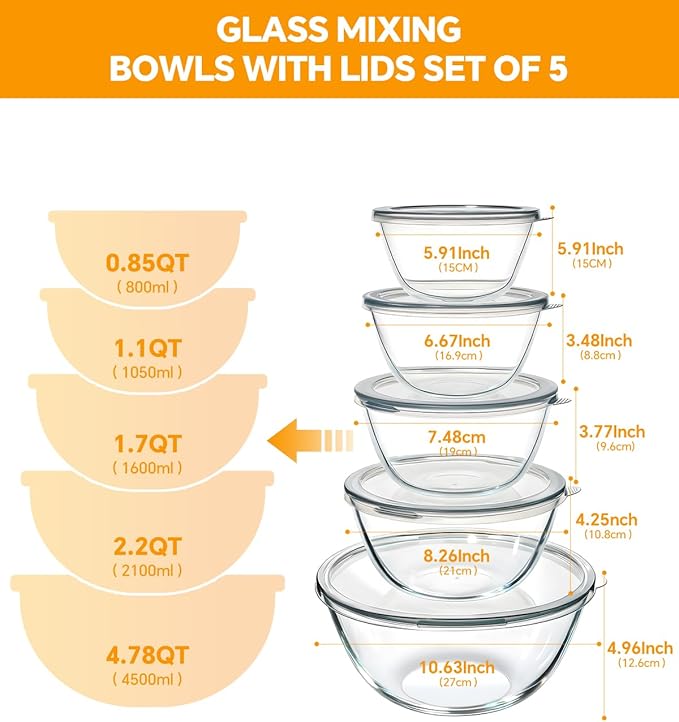 Glass Mixing Bowls with Lids Set of 5(4.78QT,2.2QT,1.7QT,1.1QT,0.85QT),Thick Glass Nesting Bowls for Kitchen Baking,Cooking Prep,Storage,Serving,Large Salad Bowls,Dishwasher Microwave Freezer Safe - Image 5