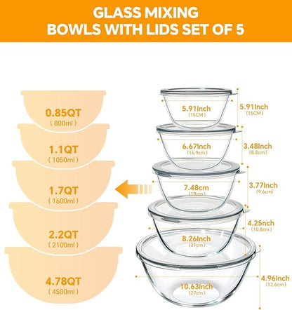 Glass Mixing Bowls with Lids Set of 5(4.78QT,2.2QT,1.7QT,1.1QT,0.85QT),Thick Glass Nesting Bowls for Kitchen Baking,Cooking Prep,Storage,Serving,Large Salad Bowls,Dishwasher Microwave Freezer Safe - Image 5