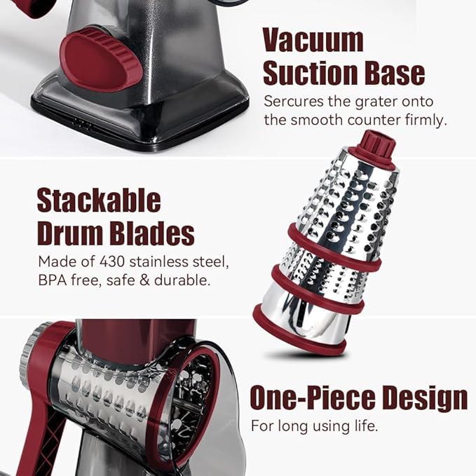 KEOUKE Rotary Cheese Grater Hand Crank Transparent - Shredder Slicer Grinder 3 Stainless Steel Blades, Stable Suction, Labor-Saving Handle, Safe Kitchen Tool for Cheese, Vegetable, Nuts, Chocolate - Image 5
