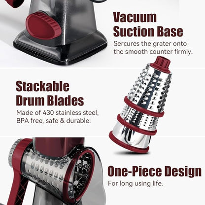 KEOUKE Rotary Cheese Grater Hand Crank Transparent - Shredder Slicer Grinder 3 Stainless Steel Blades, Stable Suction, Labor-Saving Handle, Safe Kitchen Tool for Cheese, Vegetable, Nuts, Chocolate - Image 5