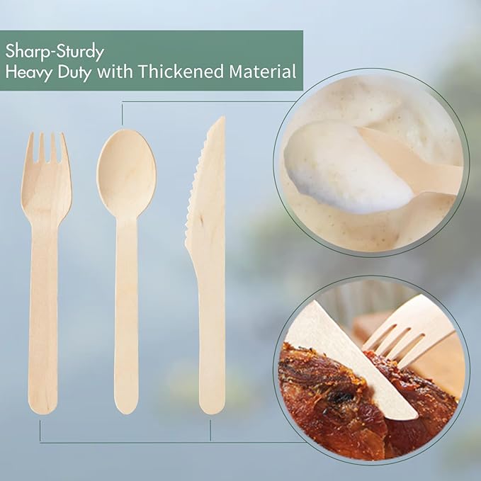 Compostable Wooden Utensils Set - 500 Pieces Disposable Wood Cutlery (200 Spoons, 200 Forks,100 Knives)-Bamboo Utensils And Plastic Silverware Alternative, Heavy Duty Utensils For Party - Image 2