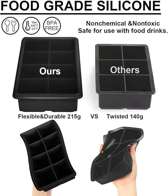 LessMo Ice Cube Tray with Lid - 2 Pack Large Silicone Ice Tray Molds for Freezer, BPA Free, Big Square Ice Cube for Whiskey, Cocktails, Baby Food, Juices - Image 3