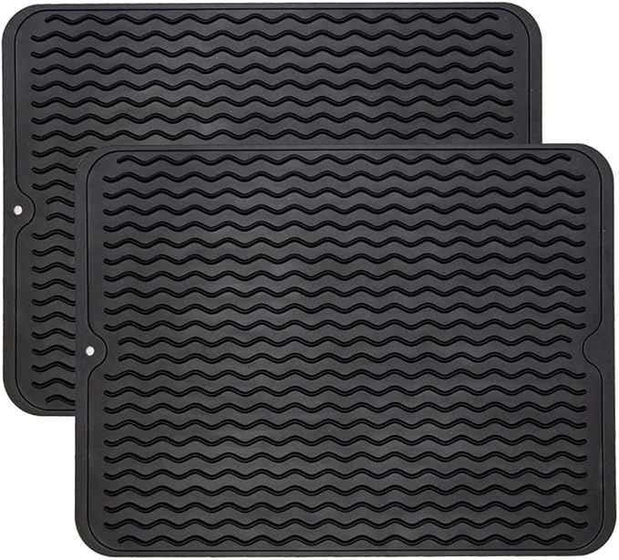 ZLR 2 Pcs Silicone Dish Drying Mat & Heat Resistant Trivet (12" x 16") - Waterproof Counter Protector for Coffee Maker - Non-Slip, BPA Free Kitchen Pad, Easy Clean Dishwasher Safe (Black) by ZLR