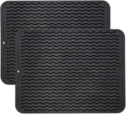 ZLR 2 Pcs Silicone Dish Drying Mat & Heat Resistant Trivet (12" x 16") - Waterproof Counter Protector for Coffee Maker - Non-Slip, BPA Free Kitchen Pad, Easy Clean Dishwasher Safe (Black) by ZLR