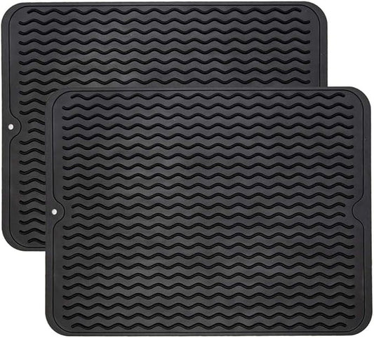 ZLR 2 Pcs Silicone Dish Drying Mat & Heat Resistant Trivet (12" x 16") - Waterproof Counter Protector for Coffee Maker - Non-Slip, BPA Free Kitchen Pad, Easy Clean Dishwasher Safe (Black) by ZLR