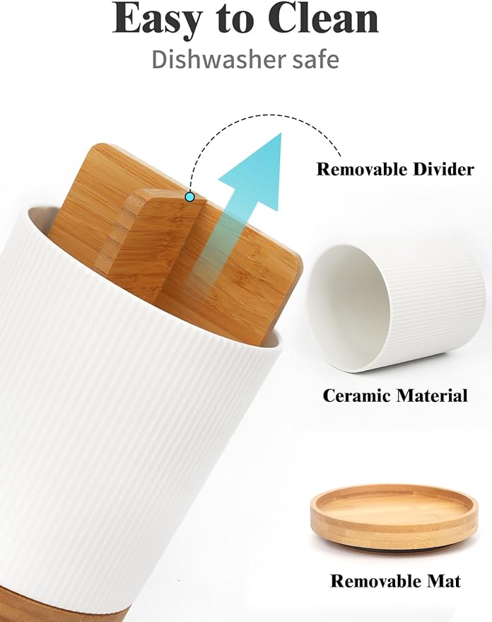 LoeJan 7.5" Utensil Holder, 3 Compartment Ceramic Kitchen Utensil Holder with Cork Bottom, Large Utensil Crock for Countertop, Cooking Tool Organizer Set for Kitchen Counter(White,Vertical Stripe) - Image 7