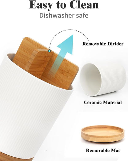 LoeJan 7.5" Utensil Holder, 3 Compartment Ceramic Kitchen Utensil Holder with Cork Bottom, Large Utensil Crock for Countertop, Cooking Tool Organizer Set for Kitchen Counter(White,Vertical Stripe) - Image 7