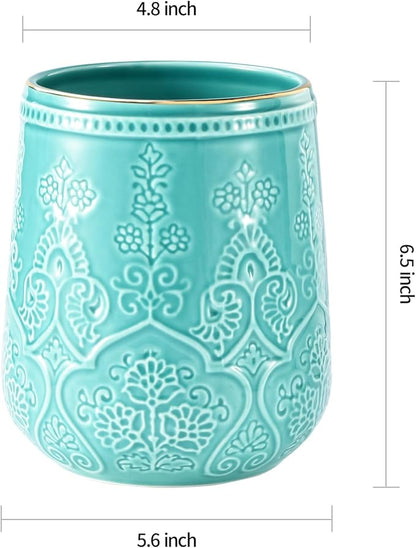 Utensil Holder, Large Utensil Holder for Kitchen Counter, 6.5”Ceramic Cooking Utensil Organizer, Kitchen Decor for Counter (Turquoise)
