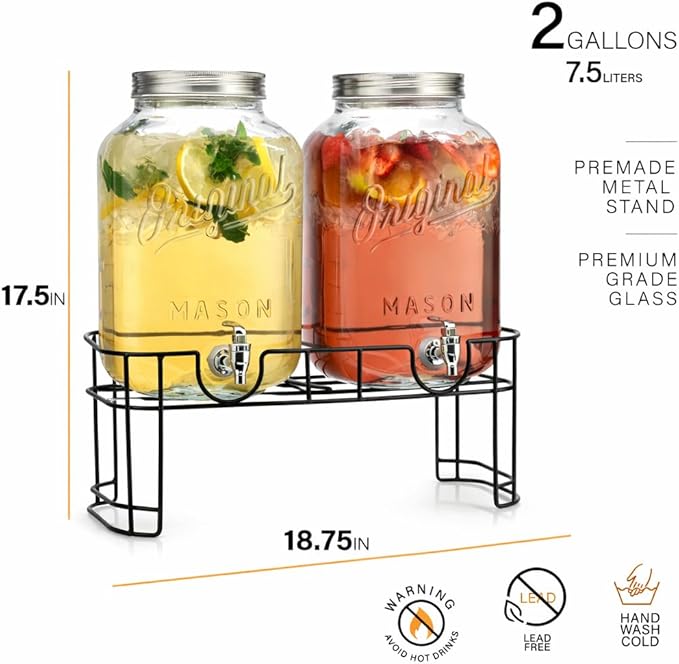 MosJos 2 GALLON Glass Drink Dispensers for Parties, 2 Pack Mason Jar Beverage Dispensers with Metal Stand, Glass Water Dispenser with Spigot, Laundry Detergent Dispenser - Image 2