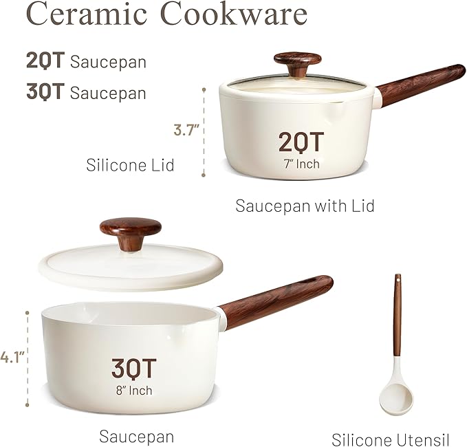 CAROTE 2QT & 3QT Sauce Pan Sets with Lid & Ladle Ceramic Nonstick Pot Set Non Toxic Saucepan Small Kitchen Cooking Pots, Easy to Clean, Induction Comptable, PFAS PTFE Free, White - Image 2