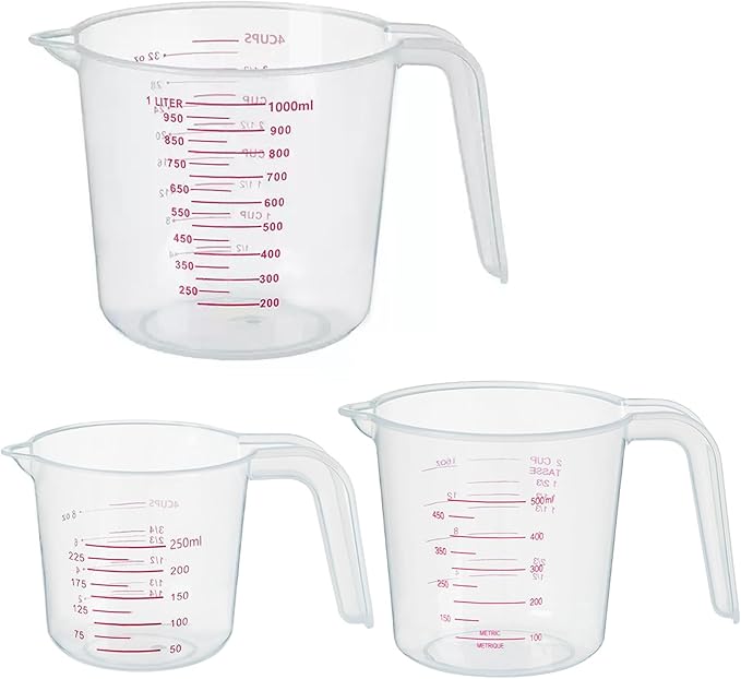 DTDNZKN 3 Pack Measuring Cup Set, Includes 250Ml (1-Cup), 500Ml (2-Cup) and 1000Ml (4-Cup) Plastic Liquid Measuring Cups- Baking, Cooking, Mixing & Measuring Cups, Essential Kitchen Tools by DTDNZKN