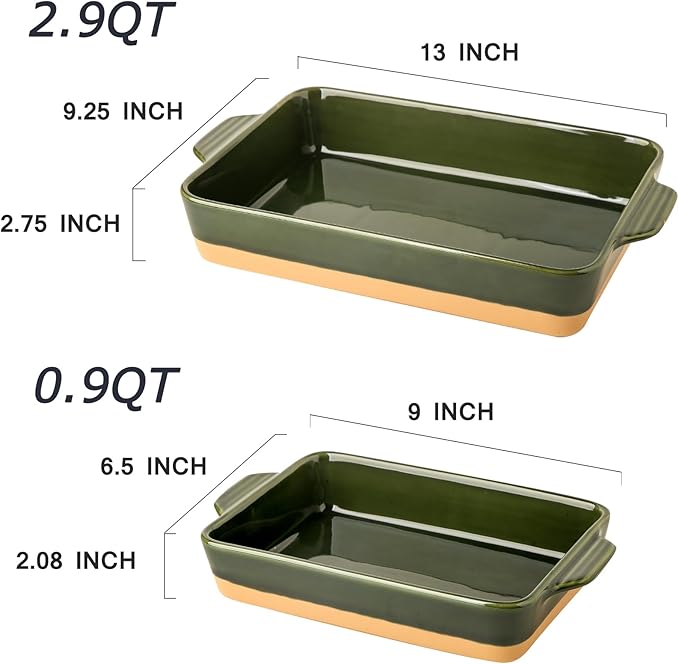 Ceramic Baking Casserole Dish with Handles, Large 9x13 inch Pan and Middle Baking Pan - Porcelain Serving Bakeware Set (Forest Green) - Image 3