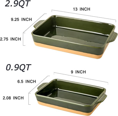 Ceramic Baking Casserole Dish with Handles, Large 9x13 inch Pan and Middle Baking Pan - Porcelain Serving Bakeware Set (Forest Green) - Image 3