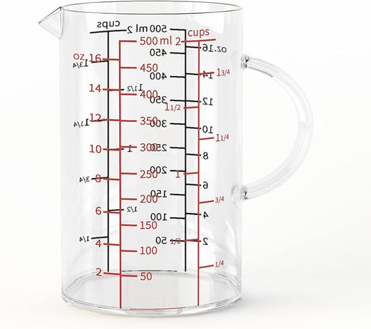 77L Glass Measuring Cup, [Double-Sided Measuring Scale, Insulated handle, V-Shaped Spout], High Borosilicate Glass Measuring Cup for Kitchen or Restaurant, Easy To Read, 500 ML (0.5 Liter, 2 Cup) by 77L