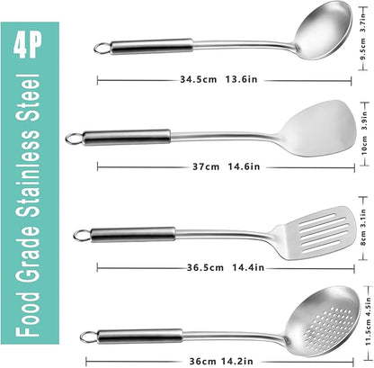 Pleafind Cooking Utensils Set - 4 Pcs Stainless Steel Kitchen Utensils, Wok Utensils Set Includes Spatula, Slotted Spatula, Ladle, Slotted Spoon, Ergonomic Handle & Heat Resistant, Dishwasher Safe